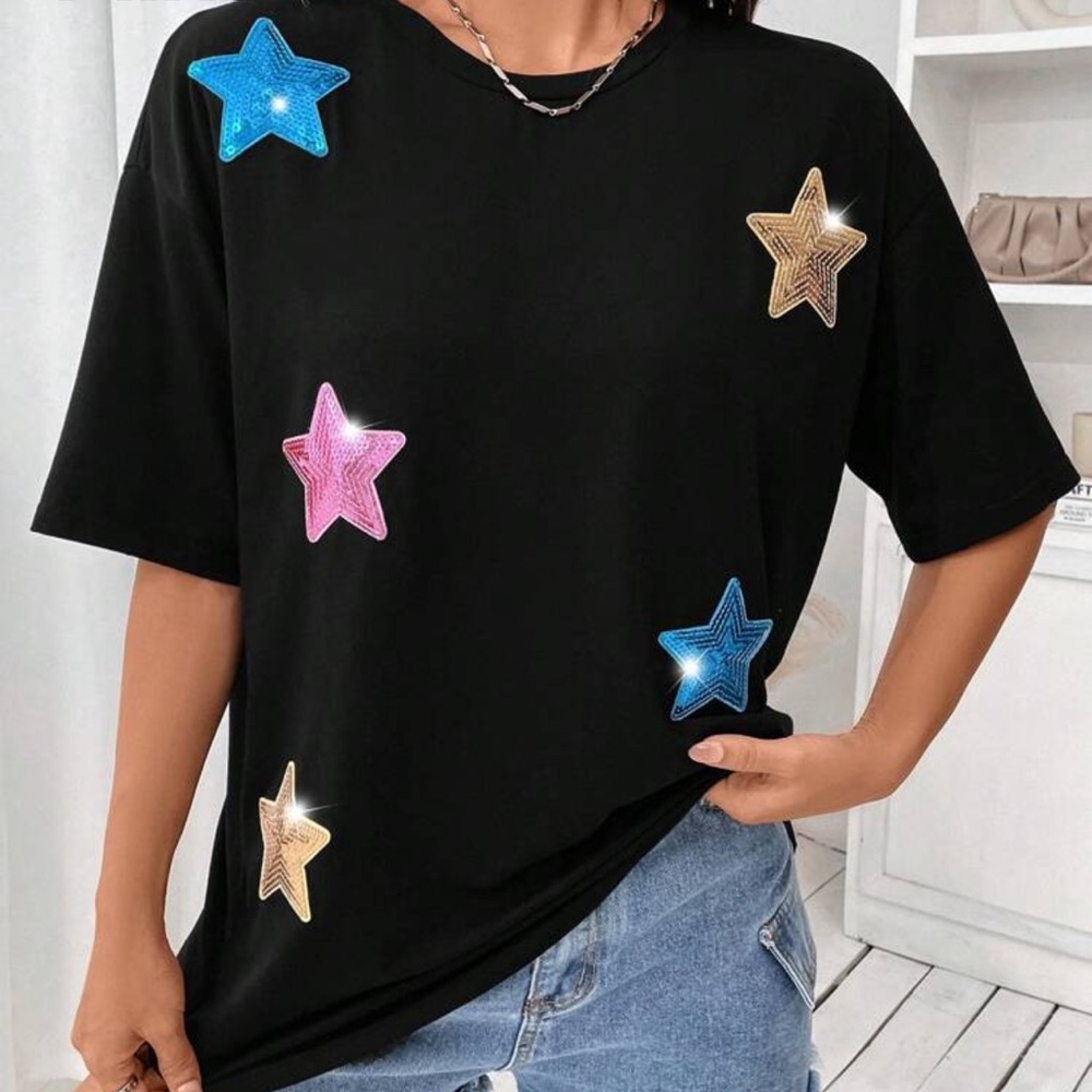 Starry T-Shirt - Black with Multicolor Stars